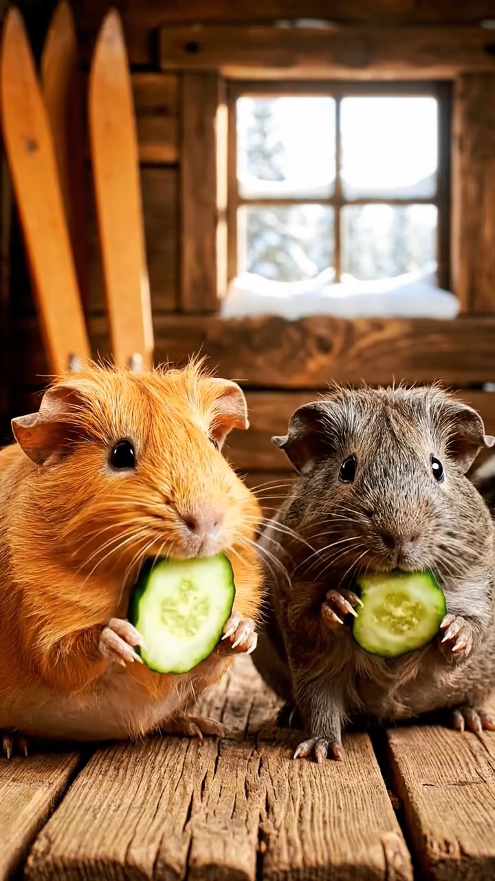 1810. Realistic depiction of 2 smooth-haired Skinny guinea pigs in orange and gray colors, chewing on cucumber slices, inside a rustic ski hut with wooden skis and snowy windows.