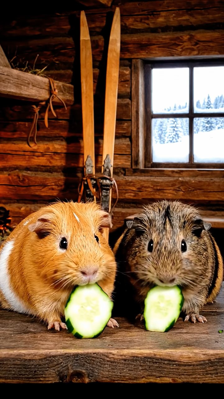 1810. Realistic depiction of 2 smooth-haired Skinny guinea pigs in orange and gray colors, chewing on cucumber slices, inside a rustic ski hut with wooden skis and snowy windows.