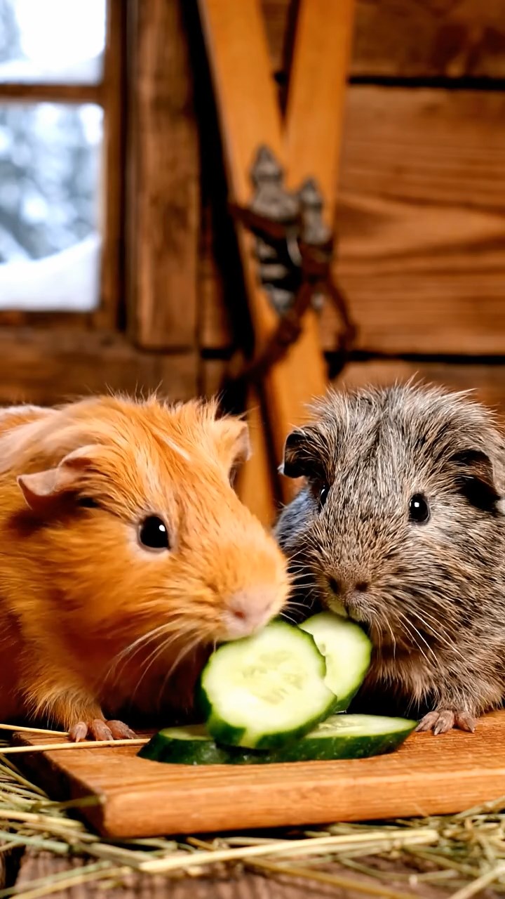 1810. Realistic depiction of 2 smooth-haired Skinny guinea pigs in orange and gray colors, chewing on cucumber slices, inside a rustic ski hut with wooden skis and snowy windows.