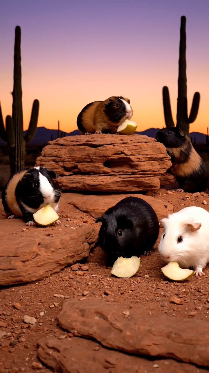 1811. Detailed realistic image of 5 smooth-haired American guinea pigs with black, brown, and cream fur, sharing pear chunks, on a red rock desert butte with cactus silhouettes at dusk.