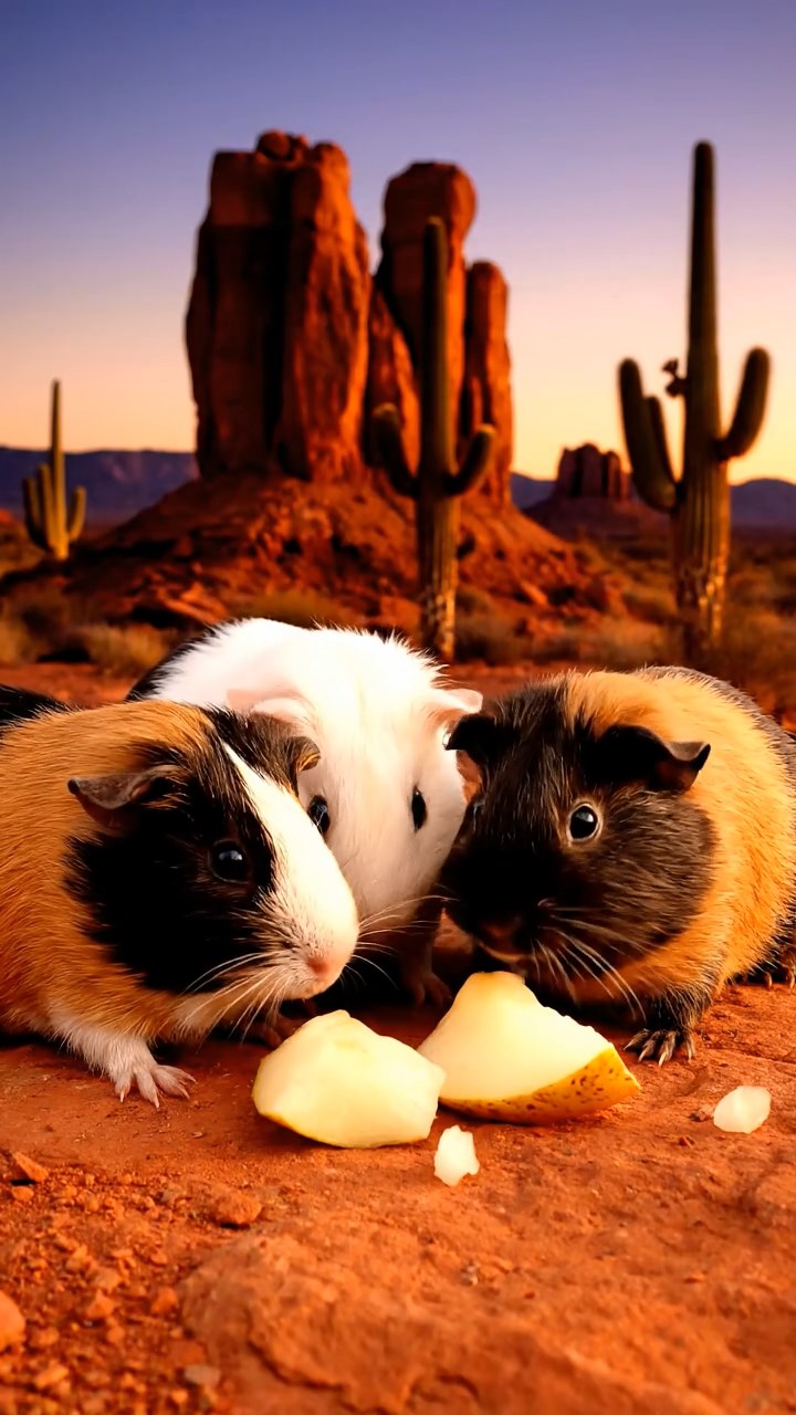 1811. Detailed realistic image of 5 smooth-haired American guinea pigs with black, brown, and cream fur, sharing pear chunks, on a red rock desert butte with cactus silhouettes at dusk.