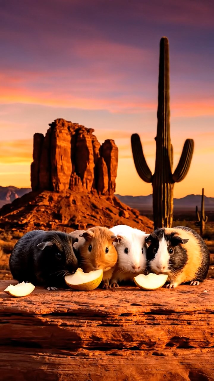 1811. Detailed realistic image of 5 smooth-haired American guinea pigs with black, brown, and cream fur, sharing pear chunks, on a red rock desert butte with cactus silhouettes at dusk.