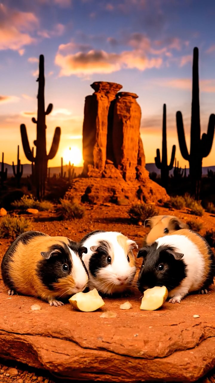 1811. Detailed realistic image of 5 smooth-haired American guinea pigs with black, brown, and cream fur, sharing pear chunks, on a red rock desert butte with cactus silhouettes at dusk.
