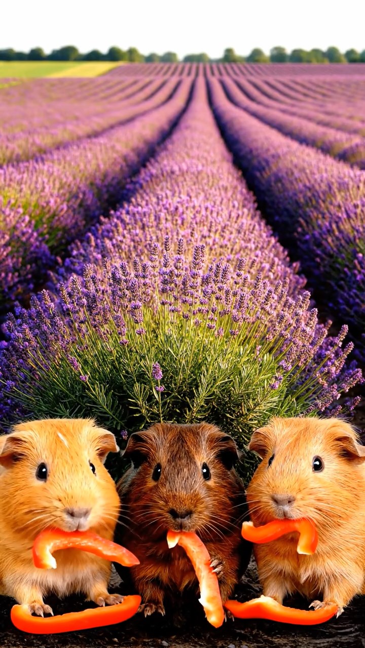 1812. Photorealistic scene of 3 smooth-haired Abyssinian guinea pigs featuring fawn, chocolate, and cinnamon coats, munching on bell pepper strips, in a vibrant lavender field with rows of purple blooms.