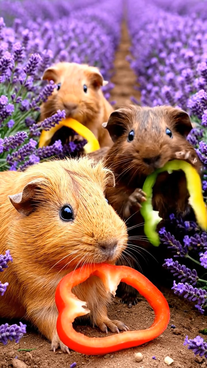 1812. Photorealistic scene of 3 smooth-haired Abyssinian guinea pigs featuring fawn, chocolate, and cinnamon coats, munching on bell pepper strips, in a vibrant lavender field with rows of purple blooms.