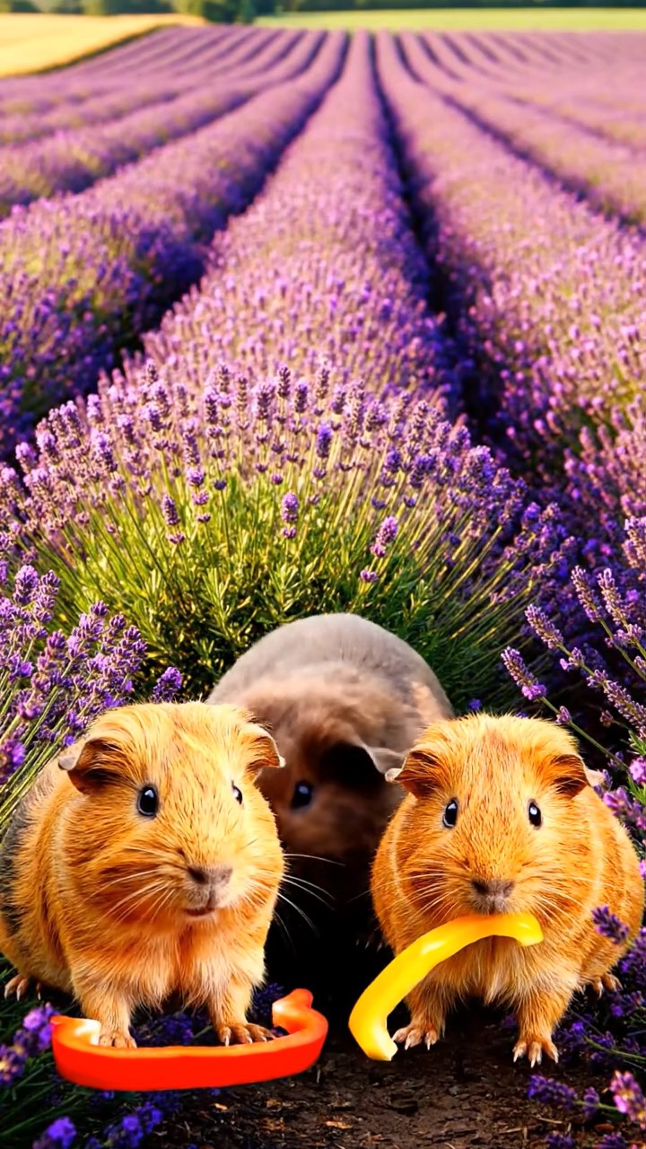 1812. Photorealistic scene of 3 smooth-haired Abyssinian guinea pigs featuring fawn, chocolate, and cinnamon coats, munching on bell pepper strips, in a vibrant lavender field with rows of purple blooms.