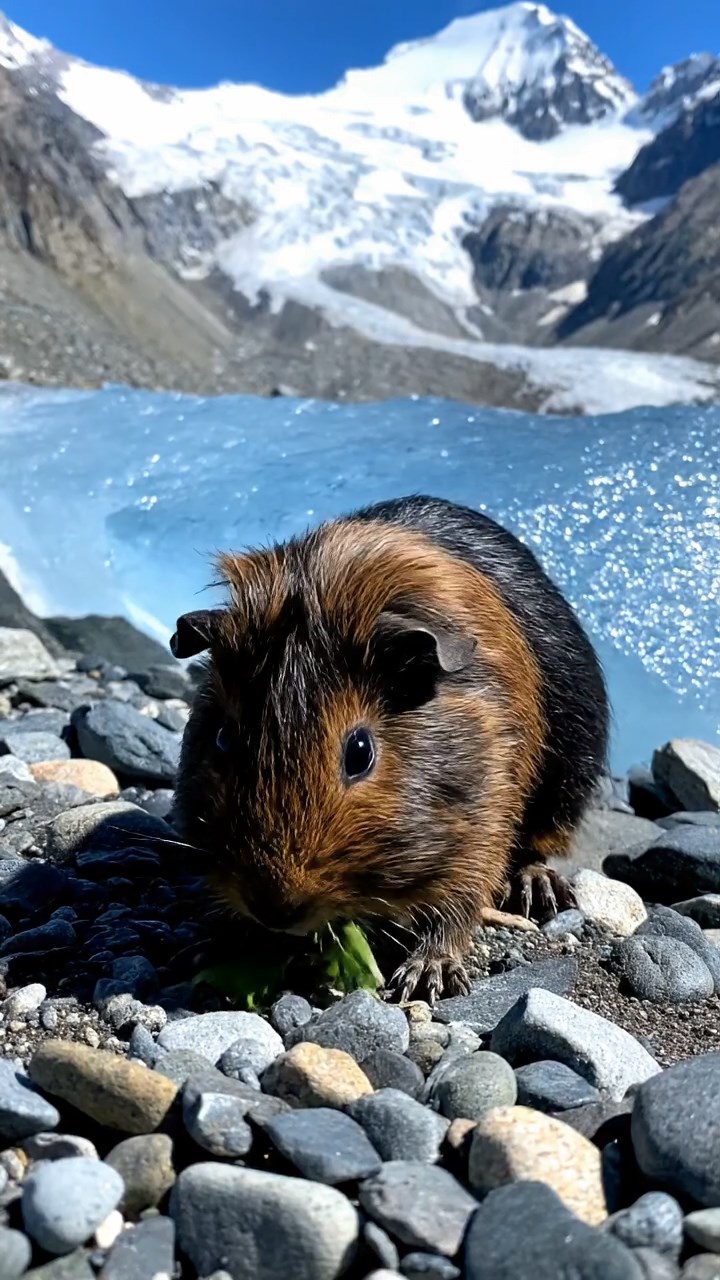 1813. Realistic photo of 1 smooth-haired Peruvian guinea pig with sable fur, eating fresh parsley, on a glacial moraine field with blue ice and distant peaks.