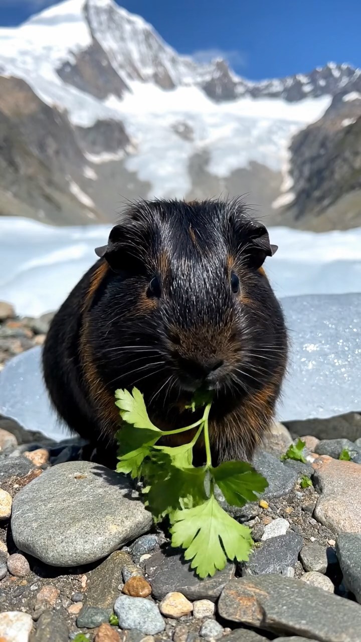 1813. Realistic photo of 1 smooth-haired Peruvian guinea pig with sable fur, eating fresh parsley, on a glacial moraine field with blue ice and distant peaks.
