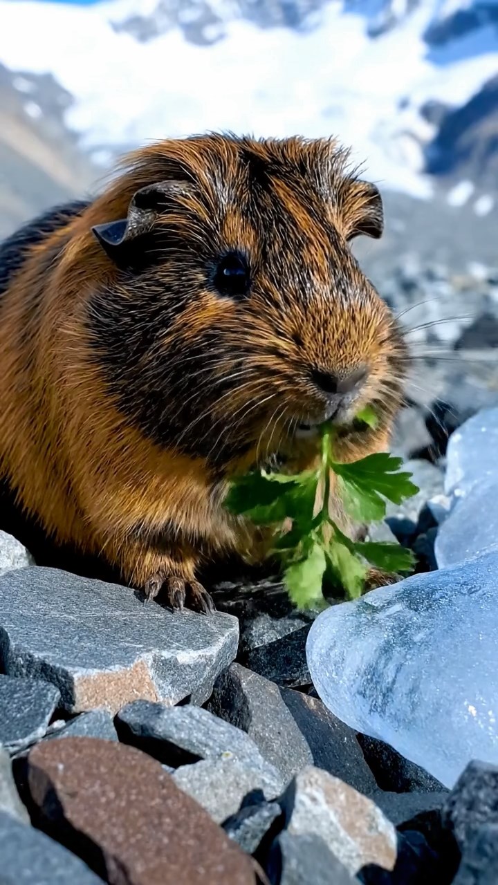 1813. Realistic photo of 1 smooth-haired Peruvian guinea pig with sable fur, eating fresh parsley, on a glacial moraine field with blue ice and distant peaks.