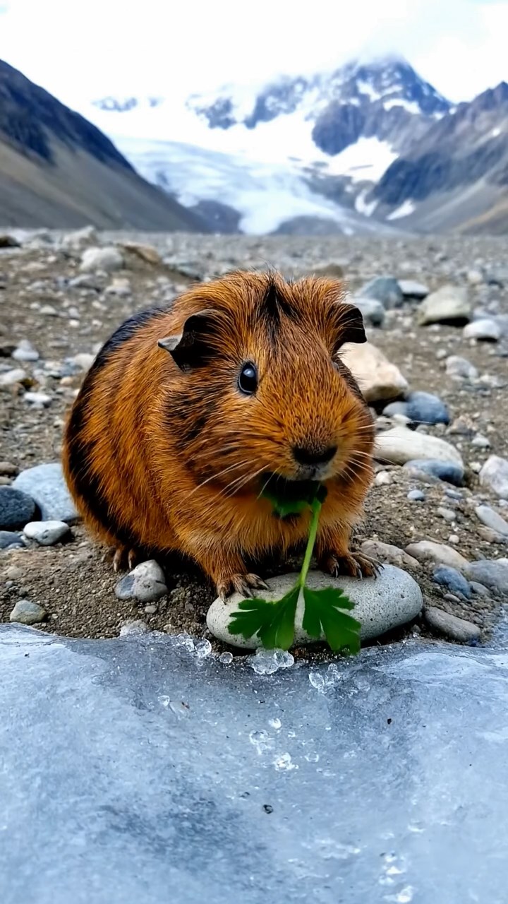 1813. Realistic photo of 1 smooth-haired Peruvian guinea pig with sable fur, eating fresh parsley, on a glacial moraine field with blue ice and distant peaks.