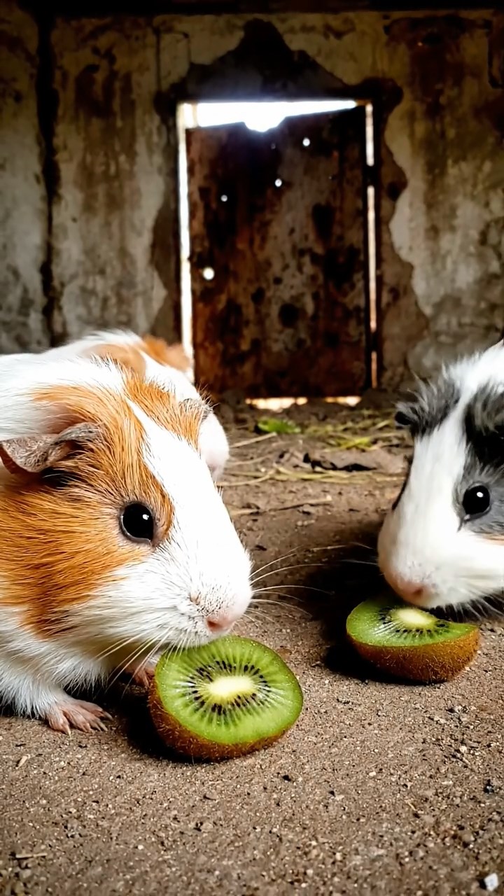 1814. Highly detailed view of 4 smooth-haired Silkie guinea pigs with white, orange, and gray fur, nibbling on kiwi fruit, in a derelict underground bunker with concrete and rusted doors.