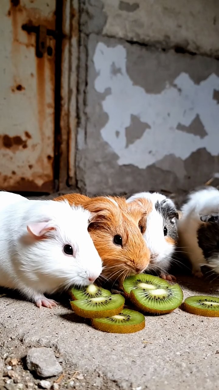 1814. Highly detailed view of 4 smooth-haired Silkie guinea pigs with white, orange, and gray fur, nibbling on kiwi fruit, in a derelict underground bunker with concrete and rusted doors.
