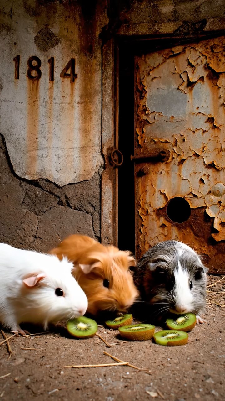 1814. Highly detailed view of 4 smooth-haired Silkie guinea pigs with white, orange, and gray fur, nibbling on kiwi fruit, in a derelict underground bunker with concrete and rusted doors.