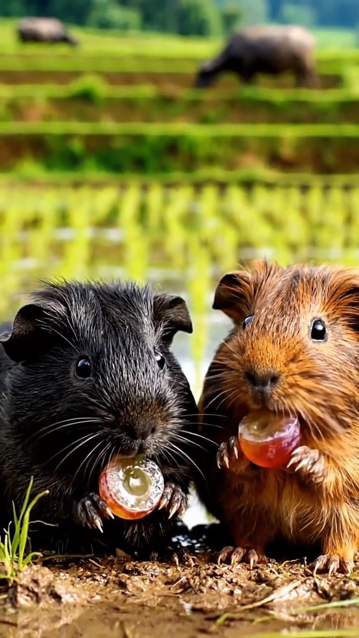 1815. Photorealistic image of 2 smooth-haired Teddy guinea pigs in black and brown colors, enjoying grape halves, by a tranquil rice paddy edge with water buffaloes and green terraces.
