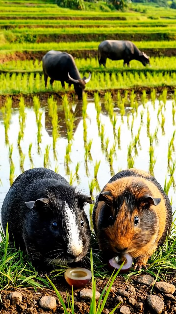 1815. Photorealistic image of 2 smooth-haired Teddy guinea pigs in black and brown colors, enjoying grape halves, by a tranquil rice paddy edge with water buffaloes and green terraces.