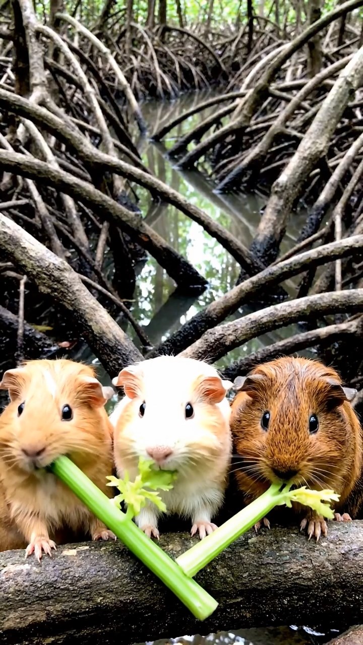 1816. Realistic depiction of 3 smooth-haired Texel guinea pigs with cream, fawn, and chocolate fur, chewing on celery stalks, in a thick mangrove root tangle with brackish water channels.
