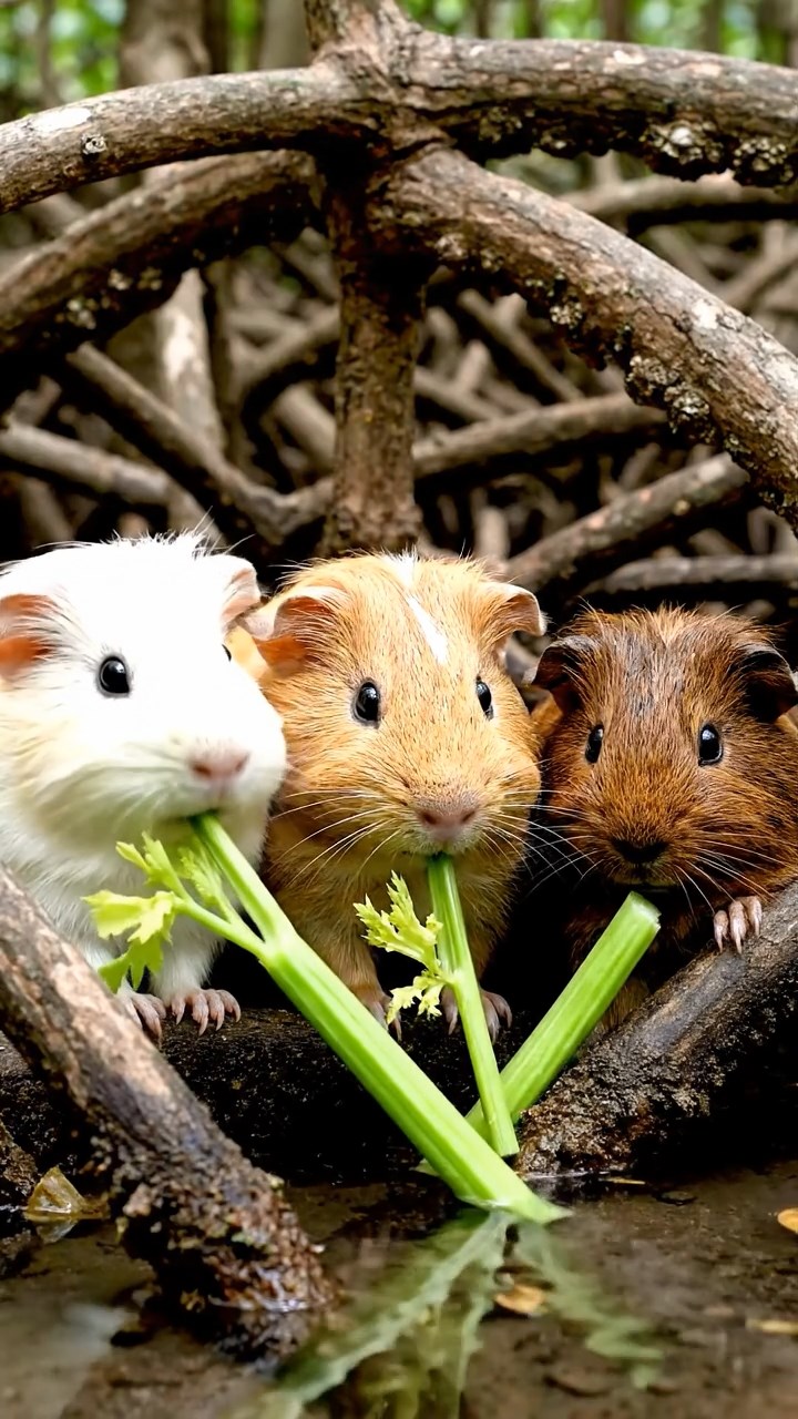 1816. Realistic depiction of 3 smooth-haired Texel guinea pigs with cream, fawn, and chocolate fur, chewing on celery stalks, in a thick mangrove root tangle with brackish water channels.