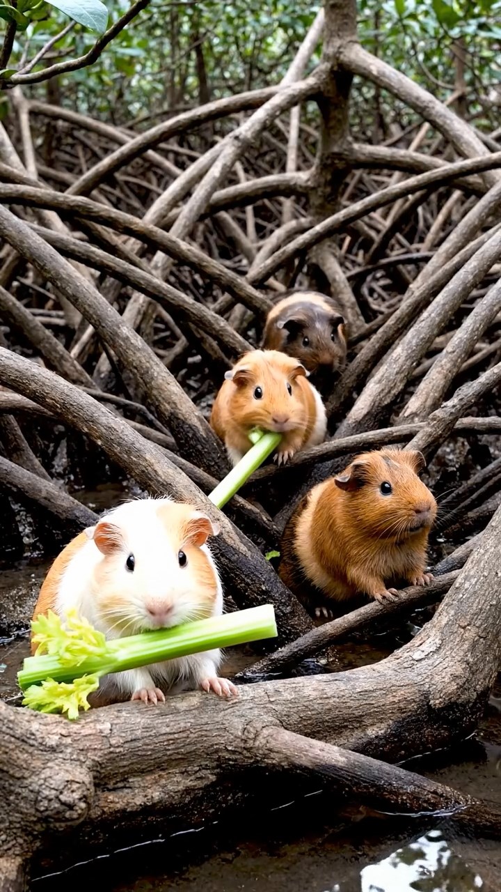 1816. Realistic depiction of 3 smooth-haired Texel guinea pigs with cream, fawn, and chocolate fur, chewing on celery stalks, in a thick mangrove root tangle with brackish water channels.