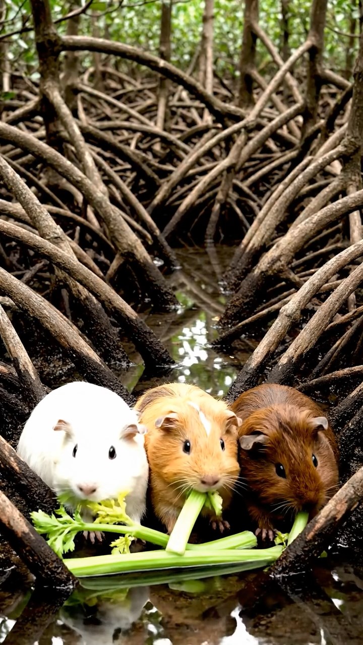 1816. Realistic depiction of 3 smooth-haired Texel guinea pigs with cream, fawn, and chocolate fur, chewing on celery stalks, in a thick mangrove root tangle with brackish water channels.