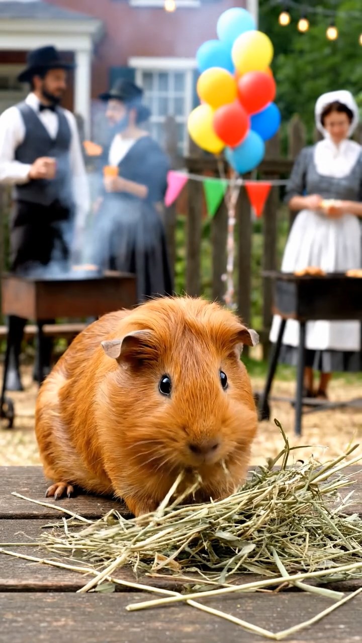 1817. Detailed scene of 1 smooth-haired Rex guinea pig with cinnamon fur, munching on timothy hay, at a neighborhood block party table with grills and balloons.