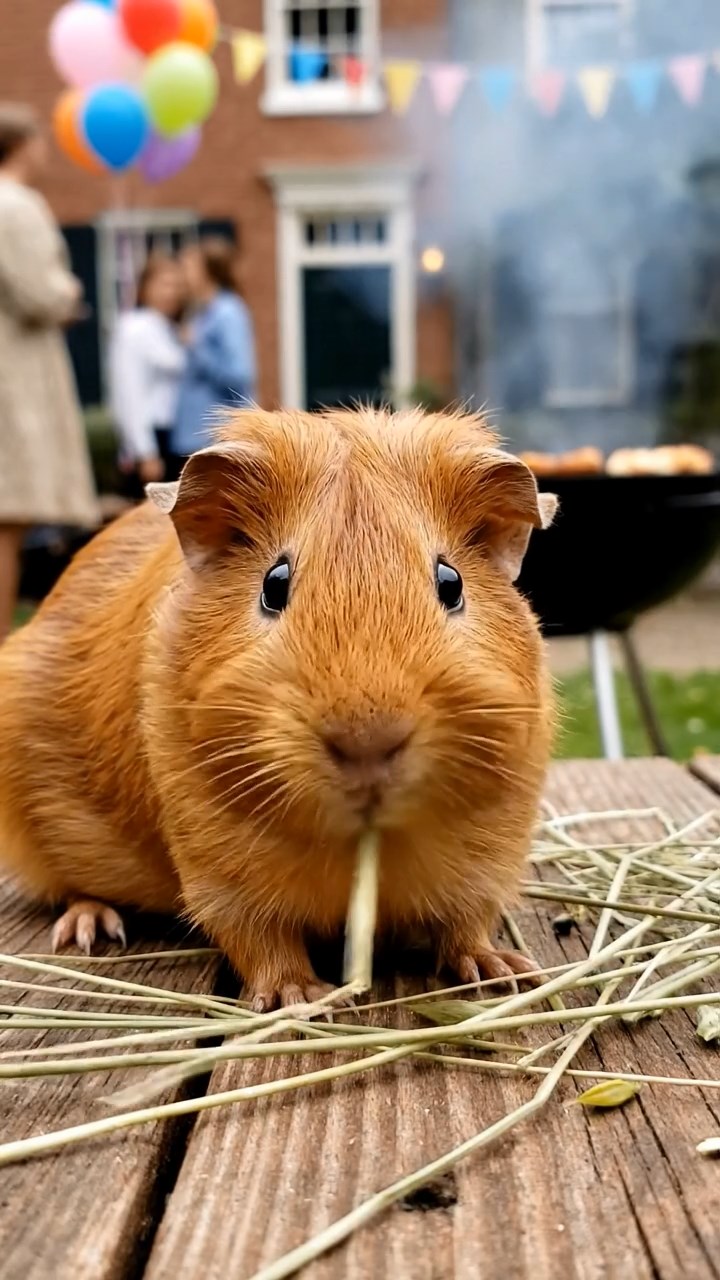 1817. Detailed scene of 1 smooth-haired Rex guinea pig with cinnamon fur, munching on timothy hay, at a neighborhood block party table with grills and balloons.