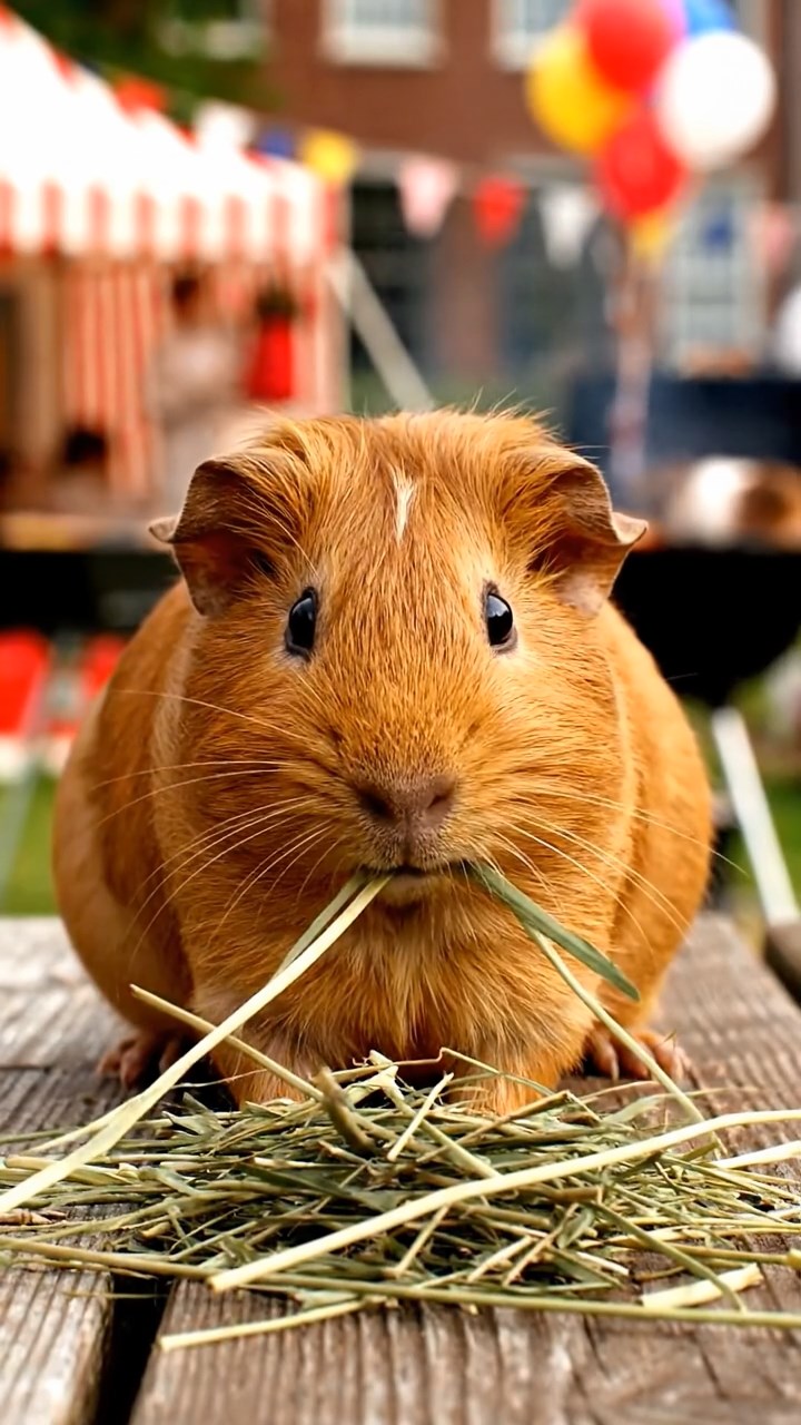 1817. Detailed scene of 1 smooth-haired Rex guinea pig with cinnamon fur, munching on timothy hay, at a neighborhood block party table with grills and balloons.