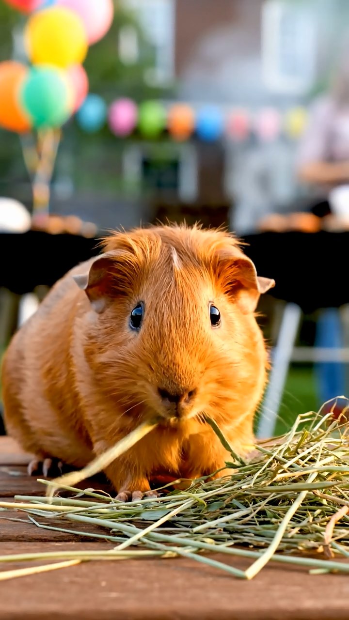 1817. Detailed scene of 1 smooth-haired Rex guinea pig with cinnamon fur, munching on timothy hay, at a neighborhood block party table with grills and balloons.