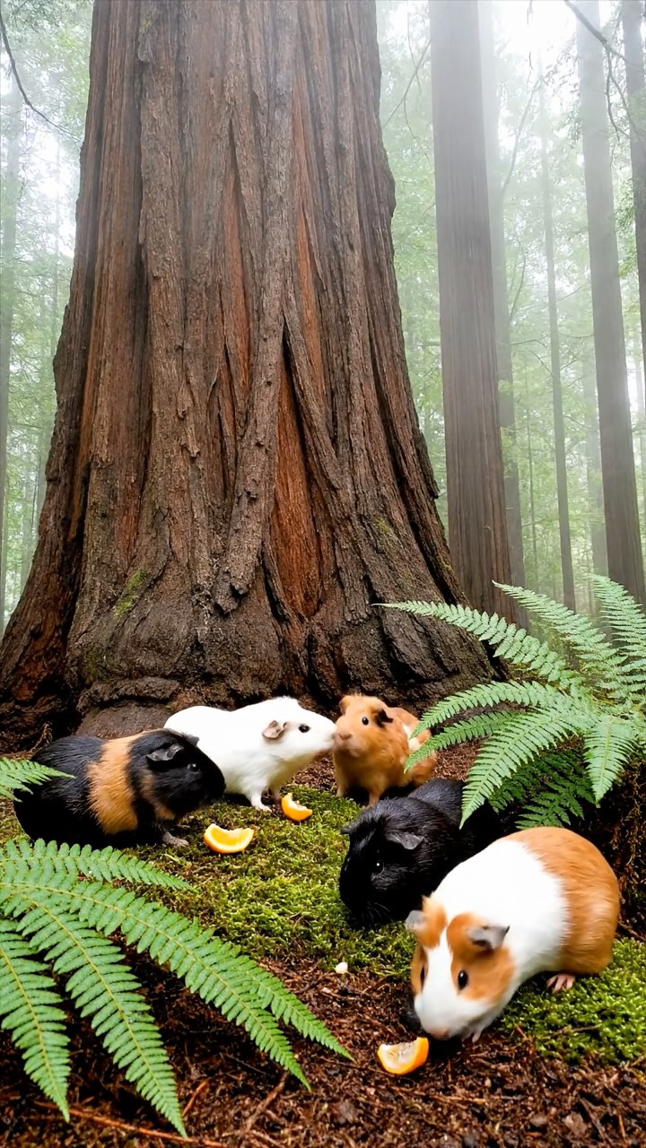 1818. Photorealistic photo of 5 smooth-haired Coronet guinea pigs featuring sable, white, and orange coats, sharing orange segments, in a dense foggy redwood understory with massive trunks.