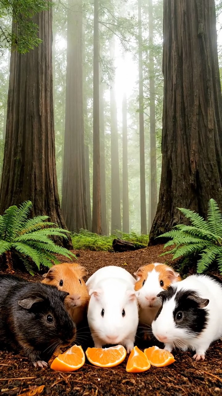 1818. Photorealistic photo of 5 smooth-haired Coronet guinea pigs featuring sable, white, and orange coats, sharing orange segments, in a dense foggy redwood understory with massive trunks.