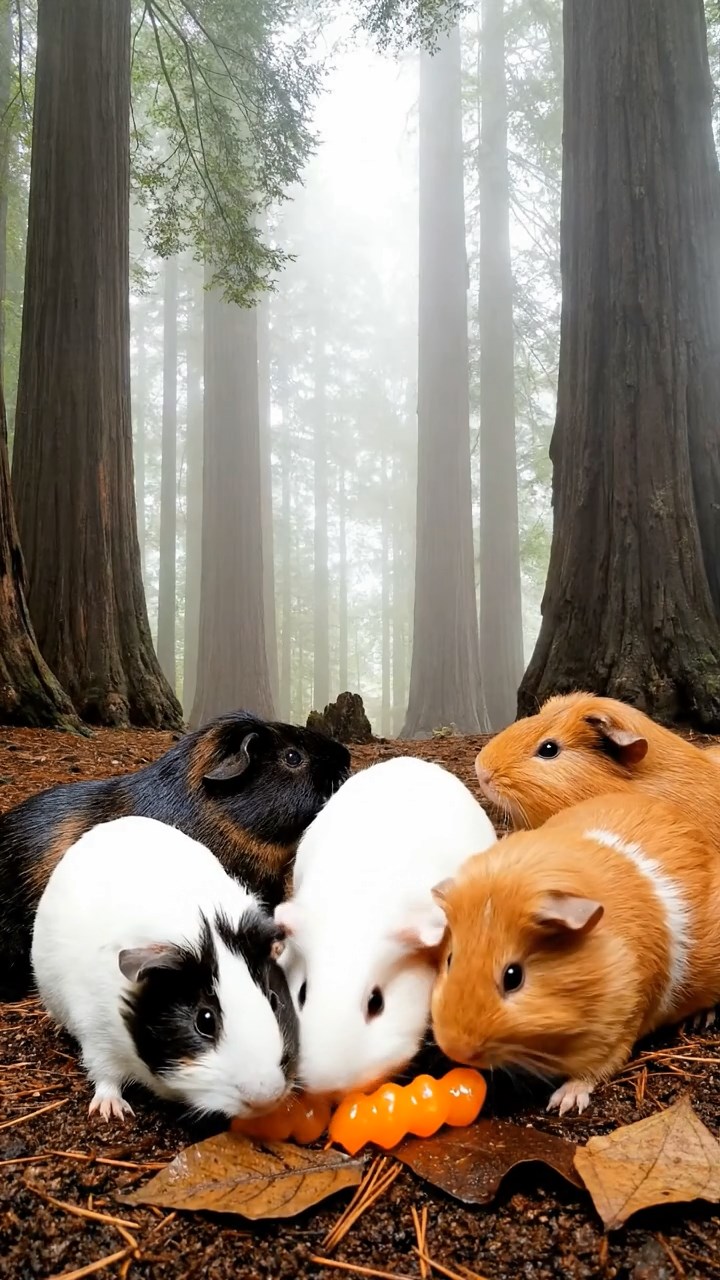 1818. Photorealistic photo of 5 smooth-haired Coronet guinea pigs featuring sable, white, and orange coats, sharing orange segments, in a dense foggy redwood understory with massive trunks.
