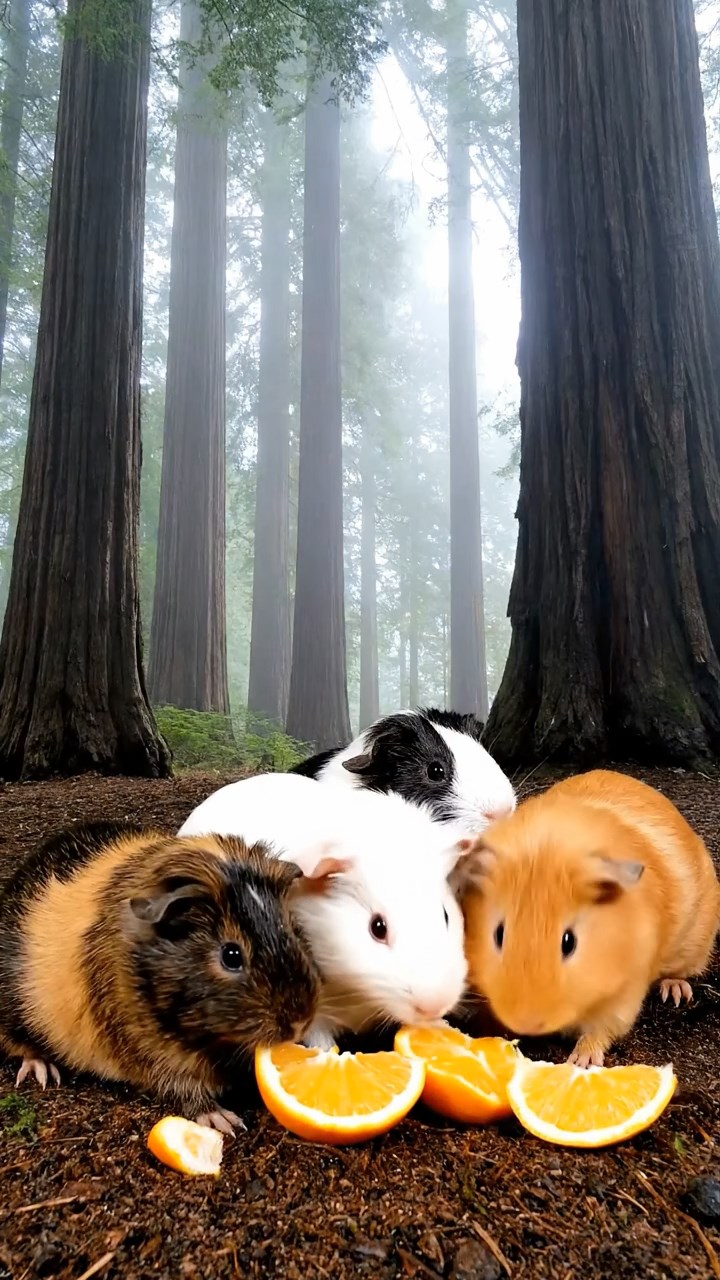 1818. Photorealistic photo of 5 smooth-haired Coronet guinea pigs featuring sable, white, and orange coats, sharing orange segments, in a dense foggy redwood understory with massive trunks.