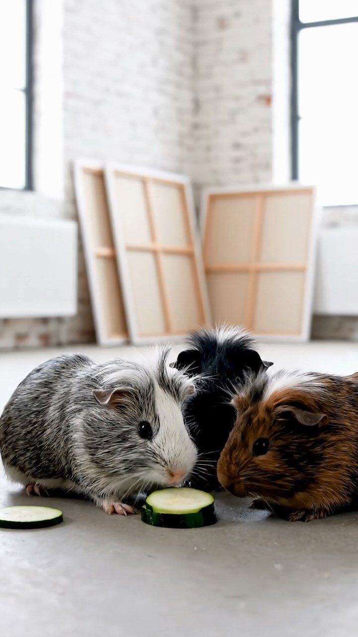 1819. Realistic image of 4 smooth-haired White Crested guinea pigs with gray, black, and brown fur, eating zucchini slices, inside a minimalist loft art studio with canvases.