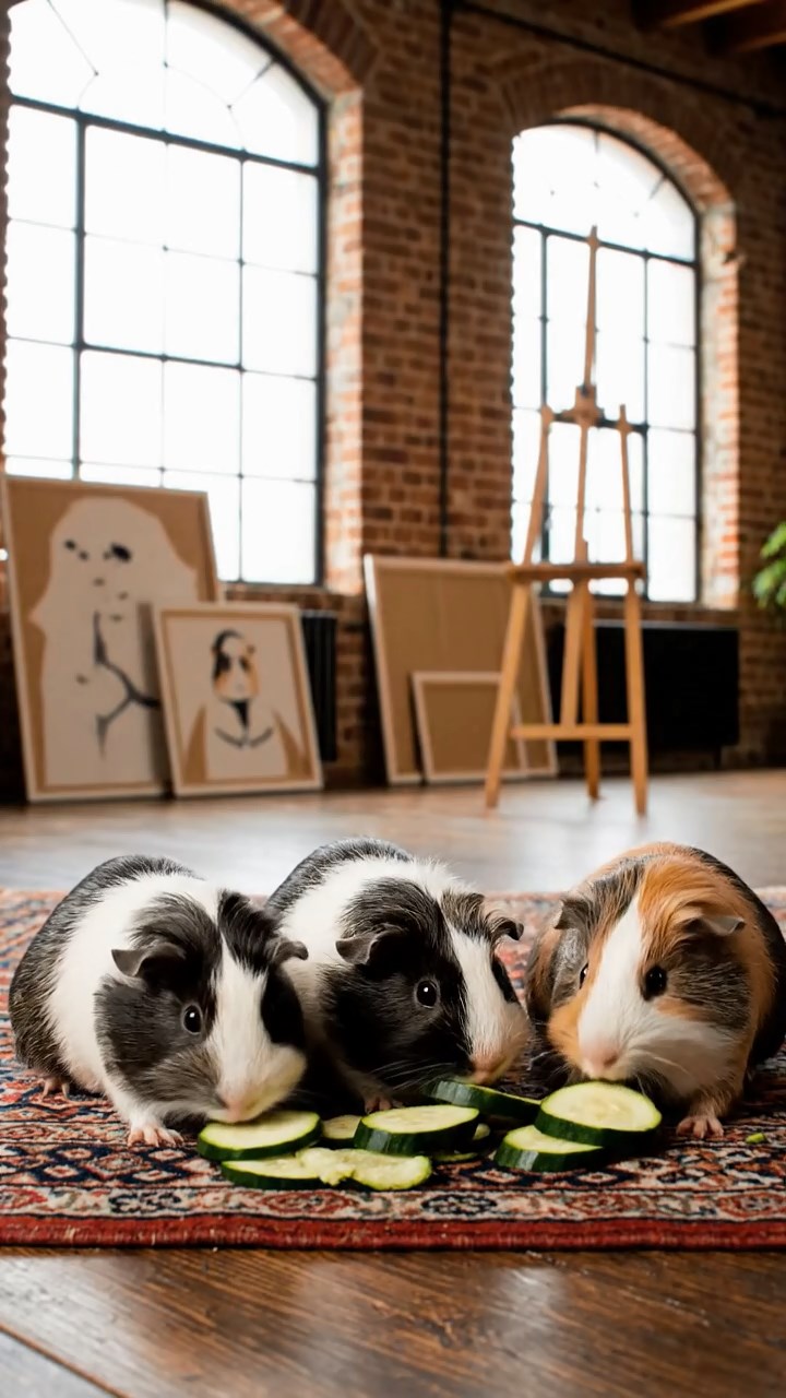 1819. Realistic image of 4 smooth-haired White Crested guinea pigs with gray, black, and brown fur, eating zucchini slices, inside a minimalist loft art studio with canvases.