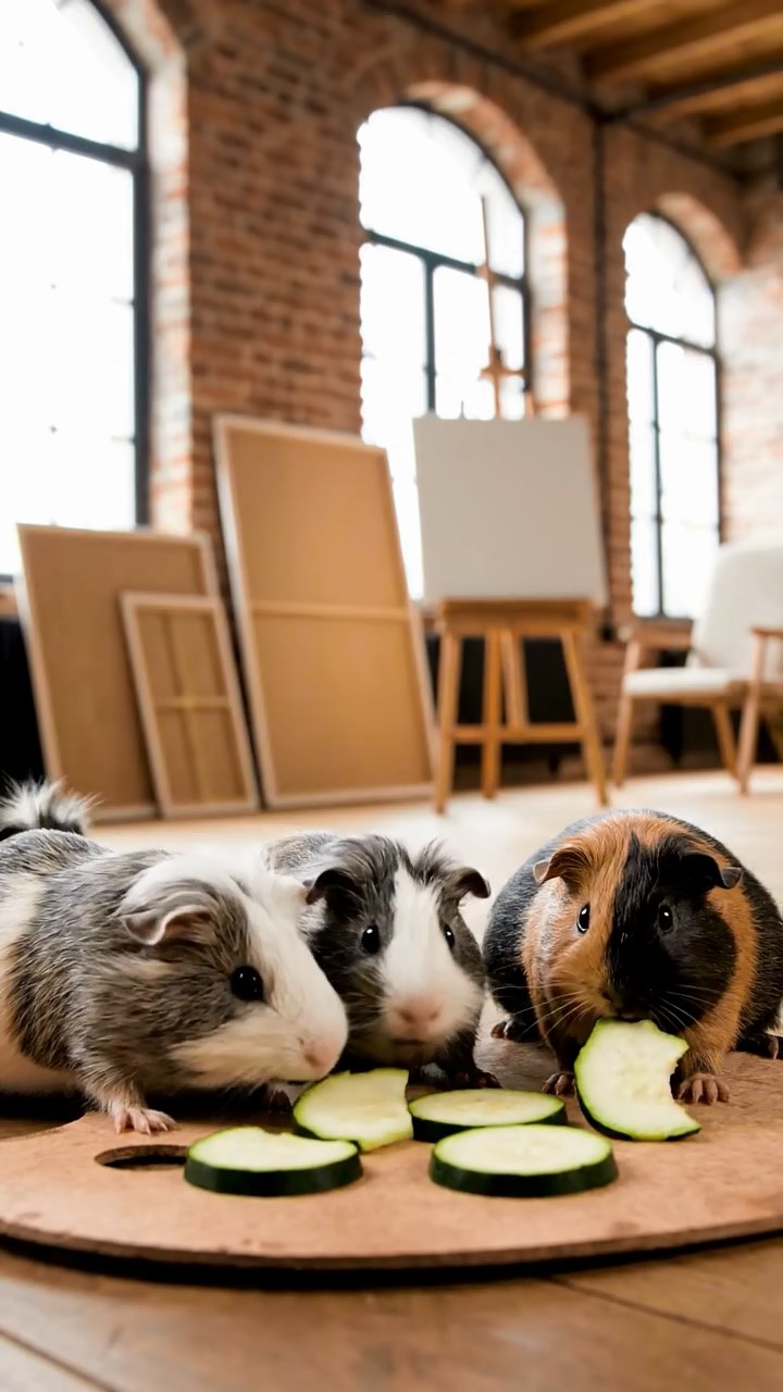 1819. Realistic image of 4 smooth-haired White Crested guinea pigs with gray, black, and brown fur, eating zucchini slices, inside a minimalist loft art studio with canvases.