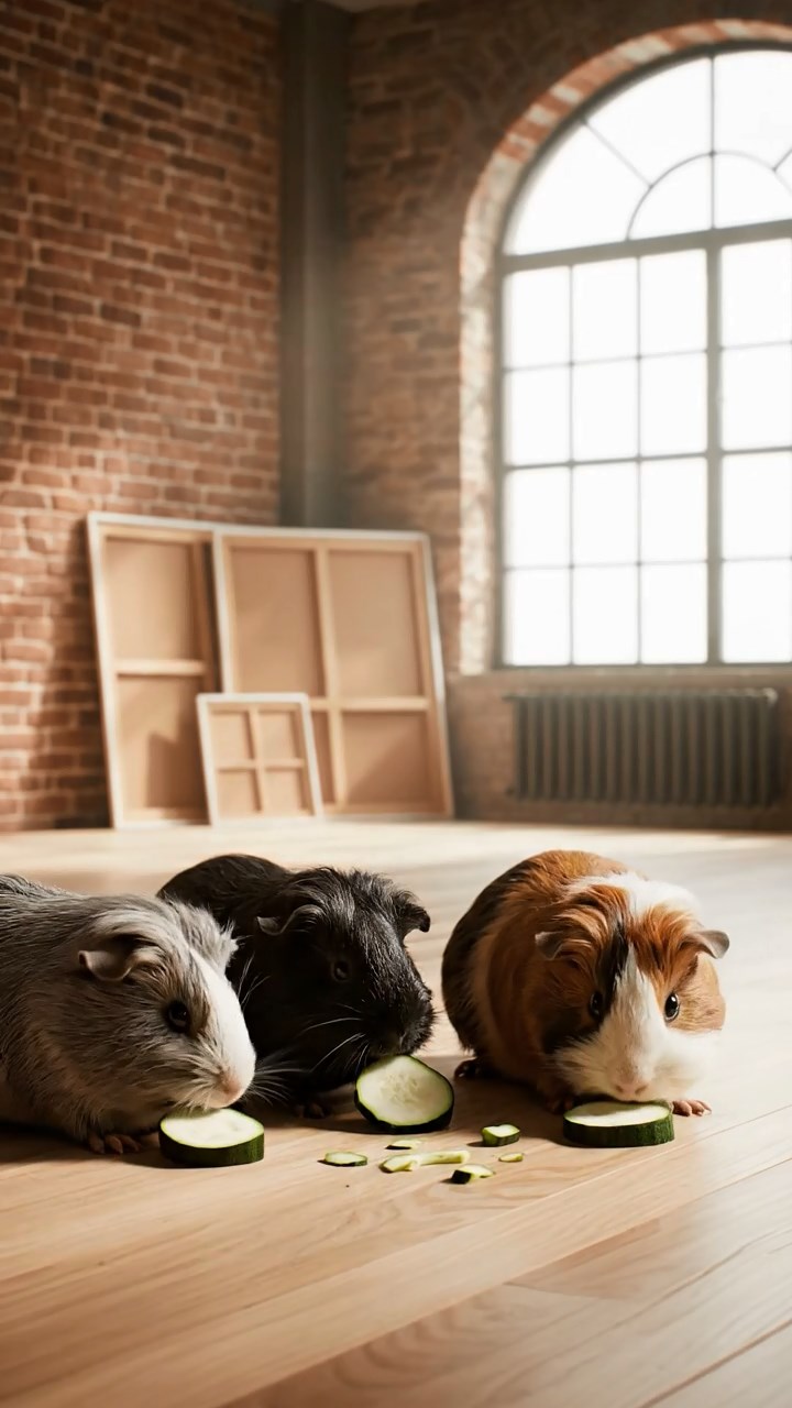 1819. Realistic image of 4 smooth-haired White Crested guinea pigs with gray, black, and brown fur, eating zucchini slices, inside a minimalist loft art studio with canvases.
