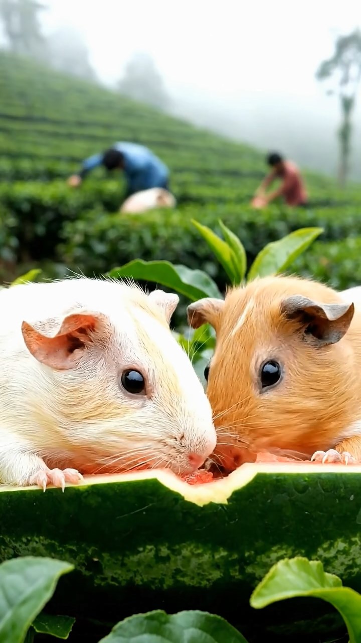 1820. Highly detailed view of 2 smooth-haired Skinny guinea pigs in cream and fawn colors, nibbling on watermelon rind, on a sloping tea plantation hill with pickers and mist.
