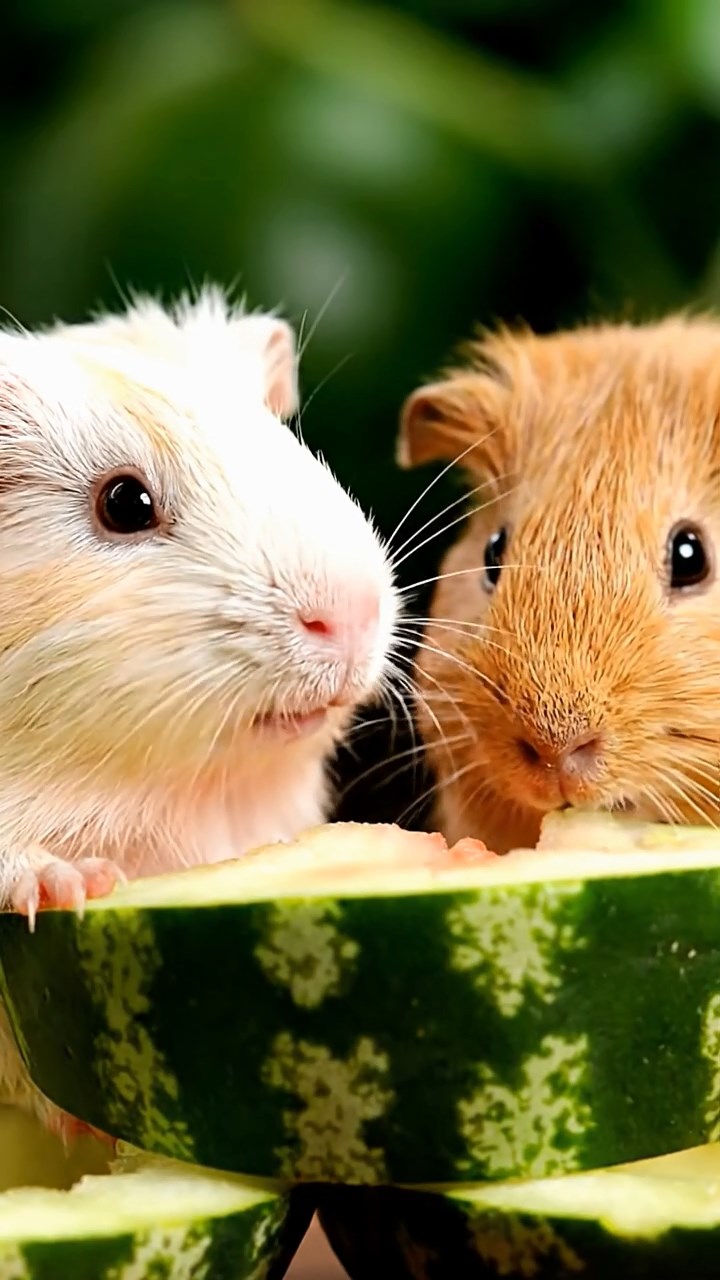 1820. Highly detailed view of 2 smooth-haired Skinny guinea pigs in cream and fawn colors, nibbling on watermelon rind, on a sloping tea plantation hill with pickers and mist.