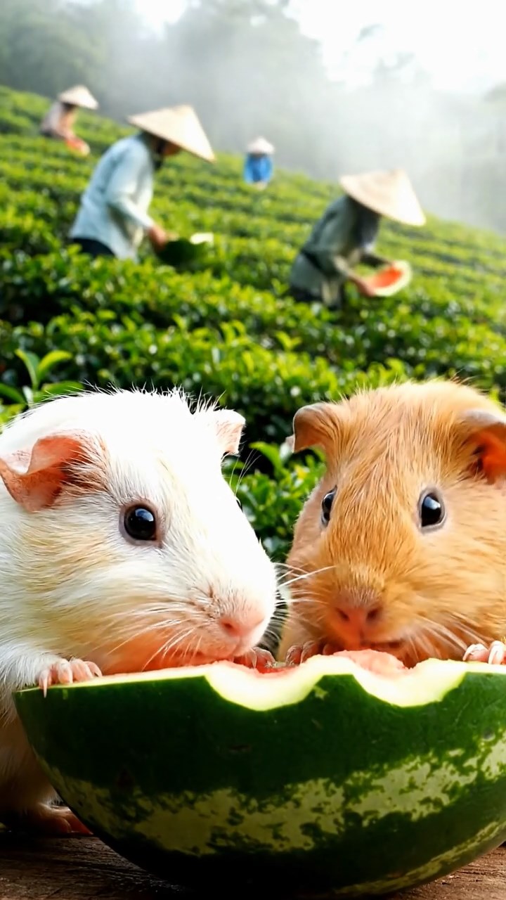1820. Highly detailed view of 2 smooth-haired Skinny guinea pigs in cream and fawn colors, nibbling on watermelon rind, on a sloping tea plantation hill with pickers and mist.