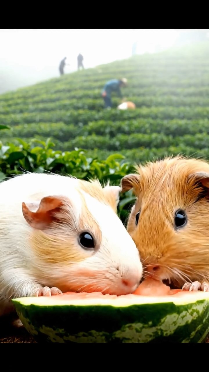 1820. Highly detailed view of 2 smooth-haired Skinny guinea pigs in cream and fawn colors, nibbling on watermelon rind, on a sloping tea plantation hill with pickers and mist.