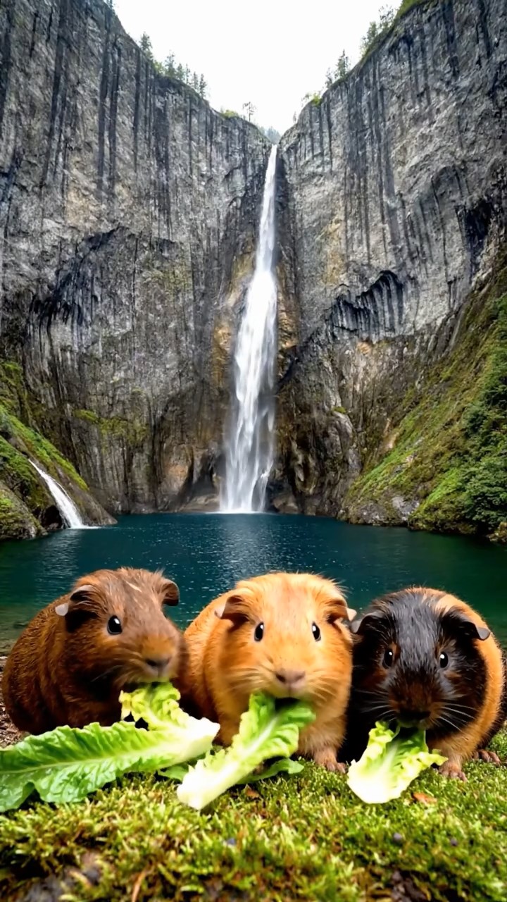 1821. Photorealistic scene of 3 smooth-haired American guinea pigs with chocolate, cinnamon, and sable fur, chewing on romaine lettuce, in a narrow fjord gorge with sheer cliffs and waterfalls.