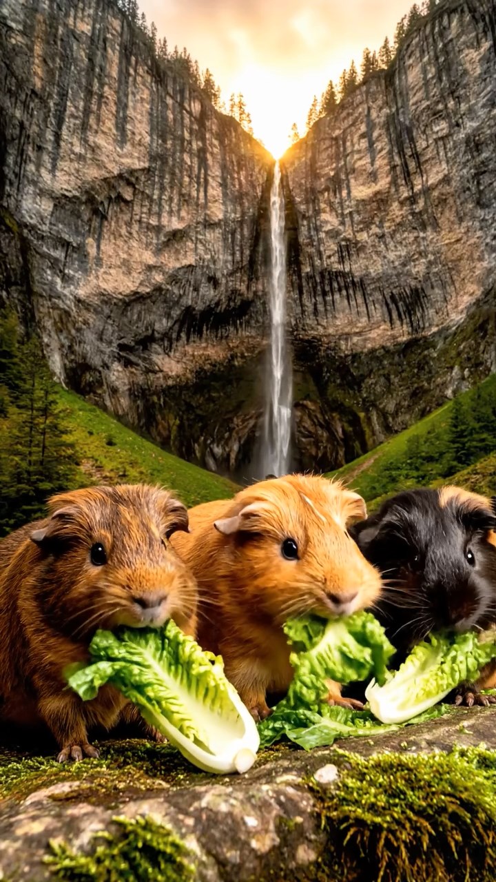 1821. Photorealistic scene of 3 smooth-haired American guinea pigs with chocolate, cinnamon, and sable fur, chewing on romaine lettuce, in a narrow fjord gorge with sheer cliffs and waterfalls.