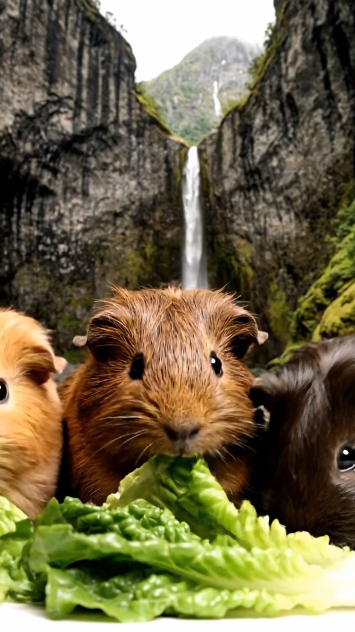 1821. Photorealistic scene of 3 smooth-haired American guinea pigs with chocolate, cinnamon, and sable fur, chewing on romaine lettuce, in a narrow fjord gorge with sheer cliffs and waterfalls.