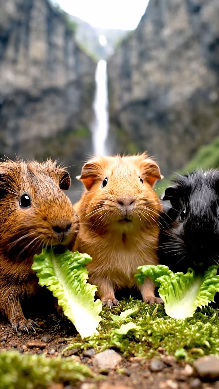 1821. Photorealistic scene of 3 smooth-haired American guinea pigs with chocolate, cinnamon, and sable fur, chewing on romaine lettuce, in a narrow fjord gorge with sheer cliffs and waterfalls.