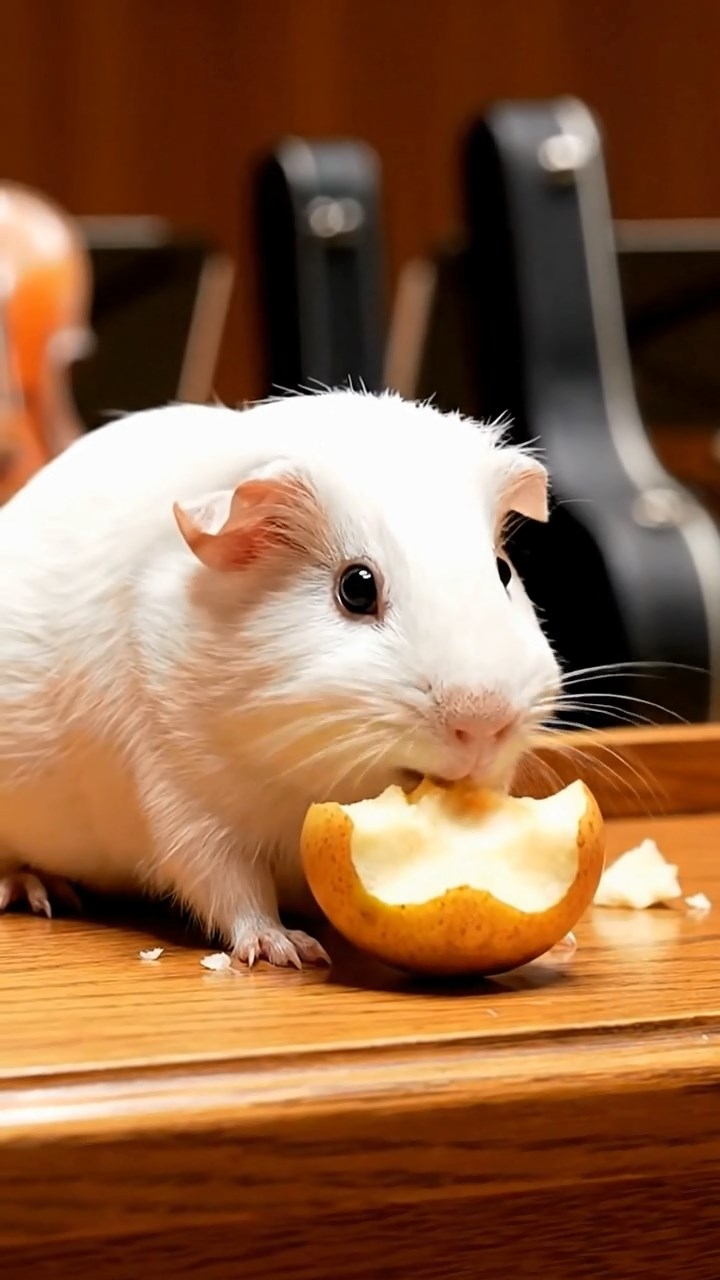 1822. Realistic depiction of 1 smooth-haired Abyssinian guinea pig with white fur, munching on apple cores, on a symphony stage podium with instrument cases.