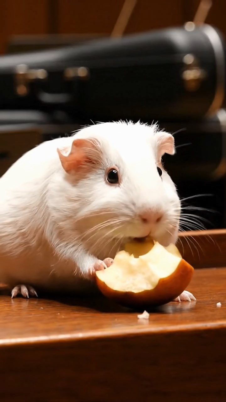 1822. Realistic depiction of 1 smooth-haired Abyssinian guinea pig with white fur, munching on apple cores, on a symphony stage podium with instrument cases.