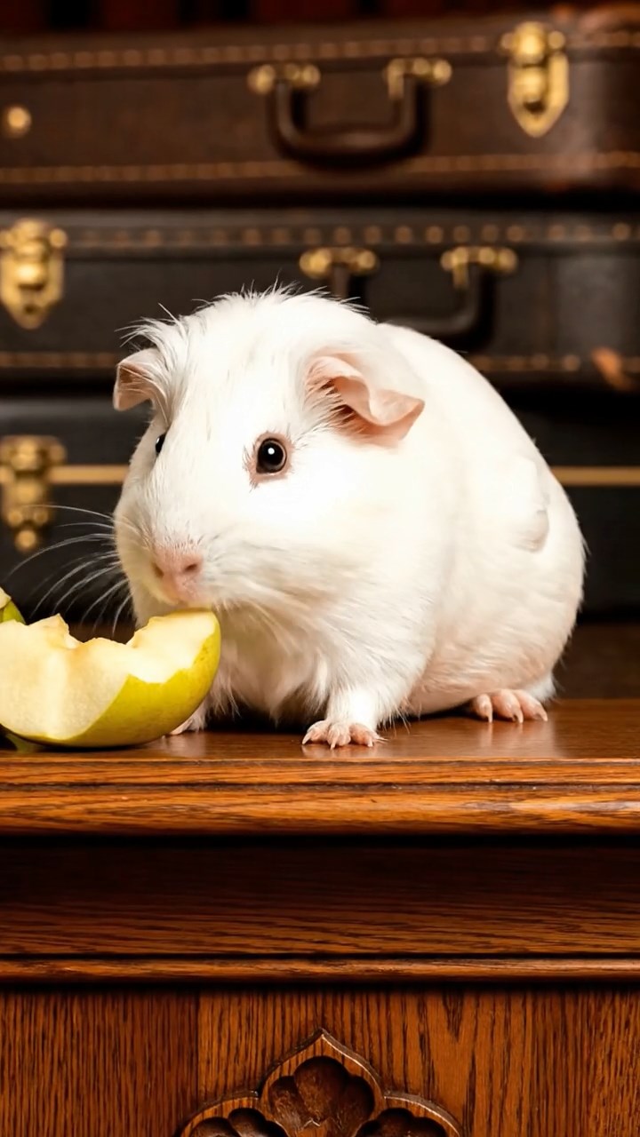 1822. Realistic depiction of 1 smooth-haired Abyssinian guinea pig with white fur, munching on apple cores, on a symphony stage podium with instrument cases.