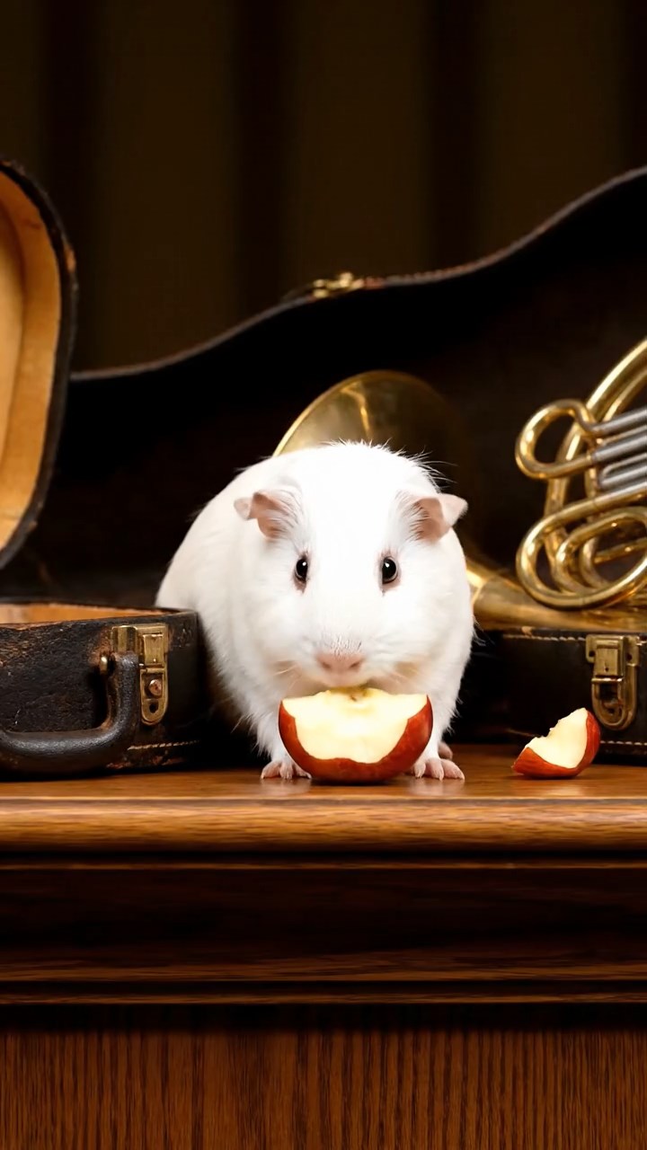 1822. Realistic depiction of 1 smooth-haired Abyssinian guinea pig with white fur, munching on apple cores, on a symphony stage podium with instrument cases.