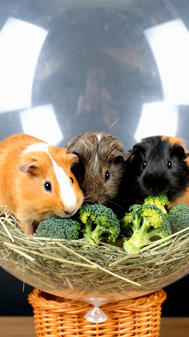 1823. Detailed photo of 4 smooth-haired Peruvian guinea pigs featuring orange, gray, and black coats, sharing broccoli florets, inside a helium balloon envelope with basket views below.