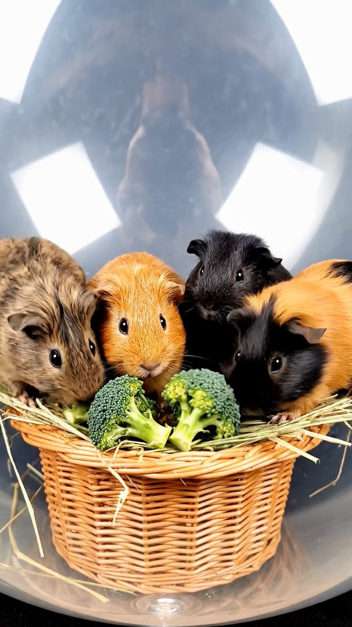 1823. Detailed photo of 4 smooth-haired Peruvian guinea pigs featuring orange, gray, and black coats, sharing broccoli florets, inside a helium balloon envelope with basket views below.