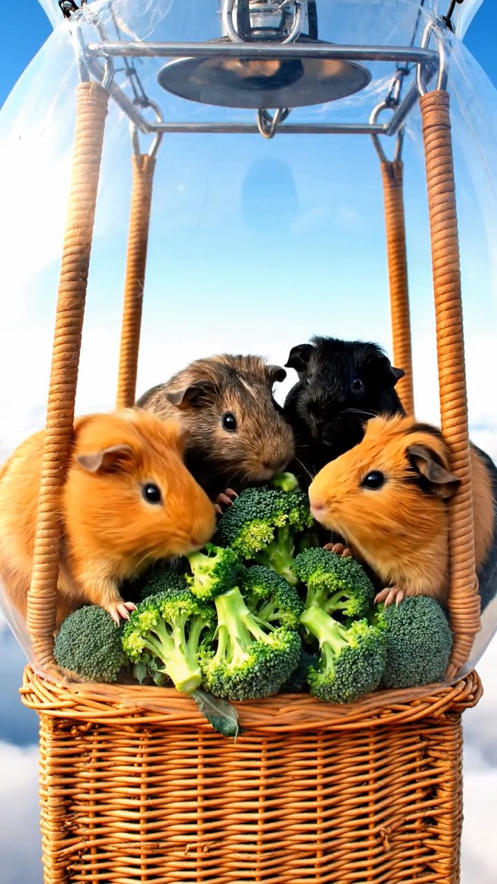 1823. Detailed photo of 4 smooth-haired Peruvian guinea pigs featuring orange, gray, and black coats, sharing broccoli florets, inside a helium balloon envelope with basket views below.